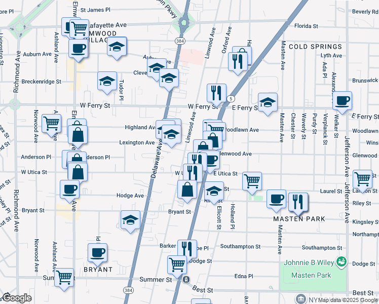 map of restaurants, bars, coffee shops, grocery stores, and more near 355 Linwood Avenue in Buffalo