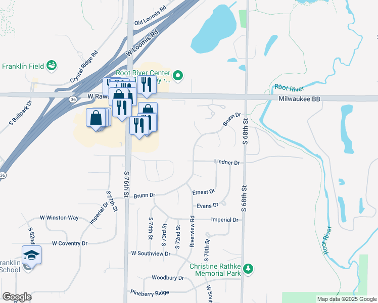 map of restaurants, bars, coffee shops, grocery stores, and more near 7058 Lindner Drive in Franklin