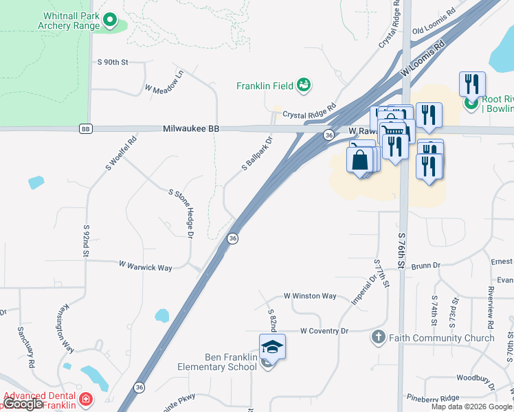 map of restaurants, bars, coffee shops, grocery stores, and more near 8301 West Loomis Road in Franklin