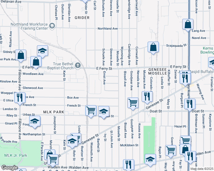 map of restaurants, bars, coffee shops, grocery stores, and more near 2 Ernst Avenue in Buffalo
