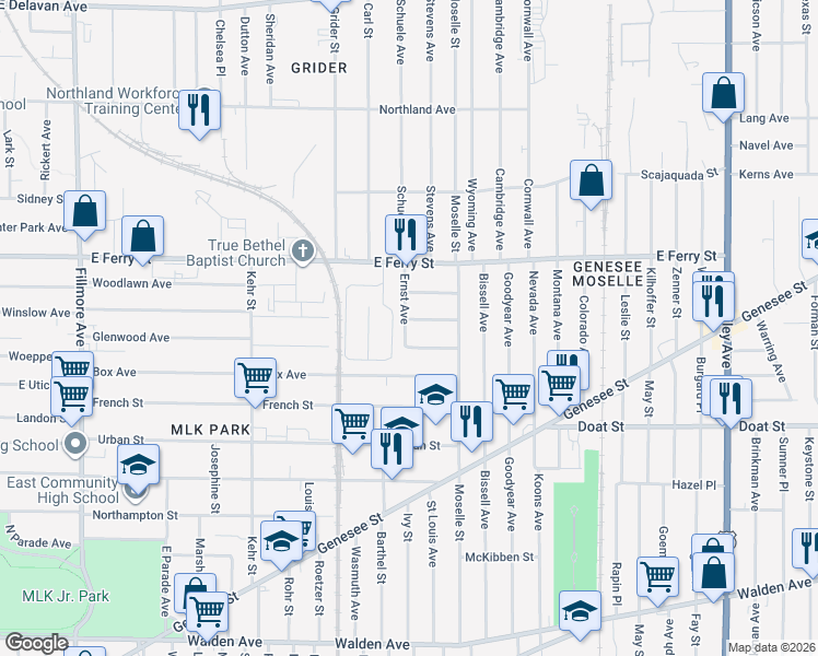 map of restaurants, bars, coffee shops, grocery stores, and more near 2 Ernst Avenue in Buffalo
