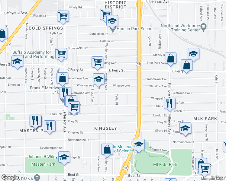 map of restaurants, bars, coffee shops, grocery stores, and more near 481 Glenwood Avenue in Buffalo