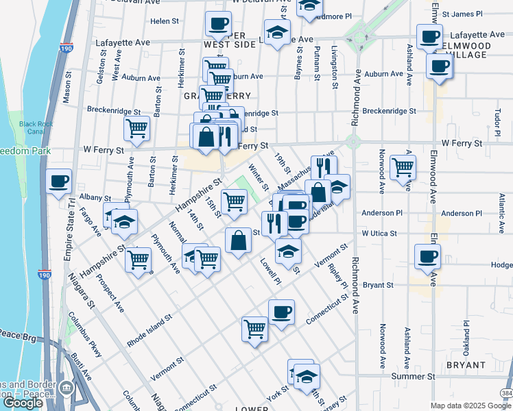 map of restaurants, bars, coffee shops, grocery stores, and more near 30 Shields Avenue in Buffalo