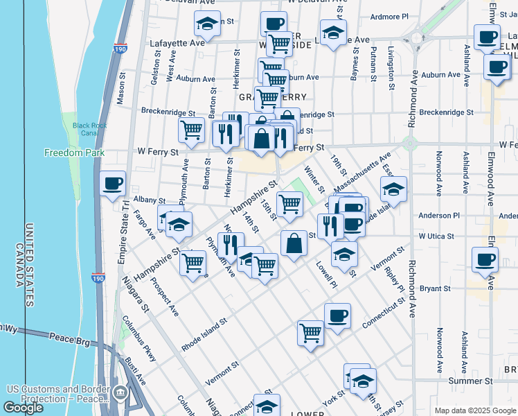 map of restaurants, bars, coffee shops, grocery stores, and more near 302 15th Street in Buffalo