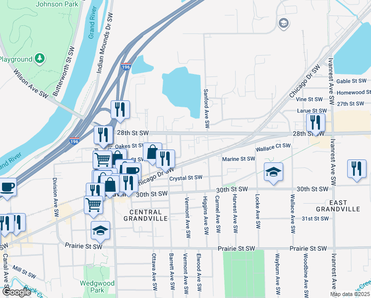 map of restaurants, bars, coffee shops, grocery stores, and more near 2885 Elwood Avenue Southwest in Grandville
