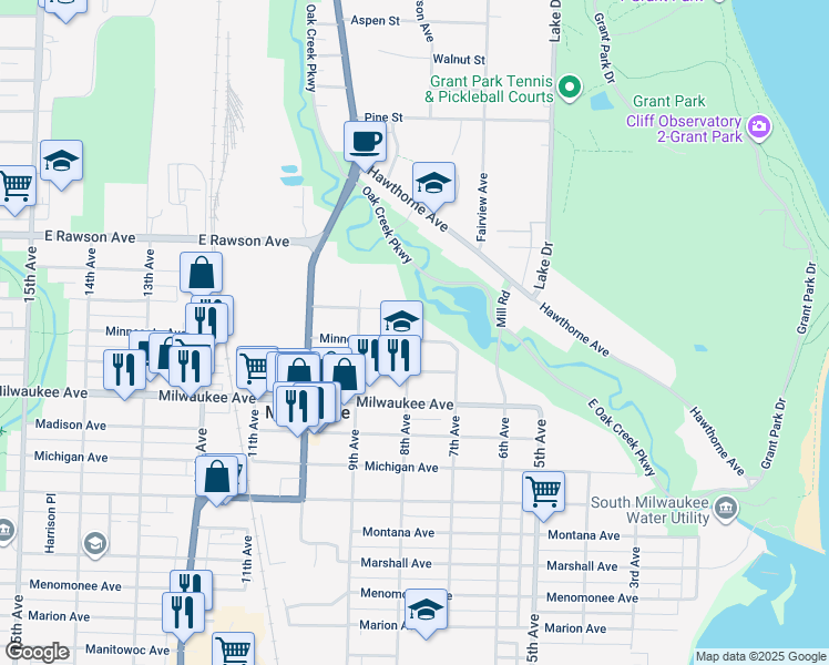 map of restaurants, bars, coffee shops, grocery stores, and more near 727 Minnesota Avenue in South Milwaukee