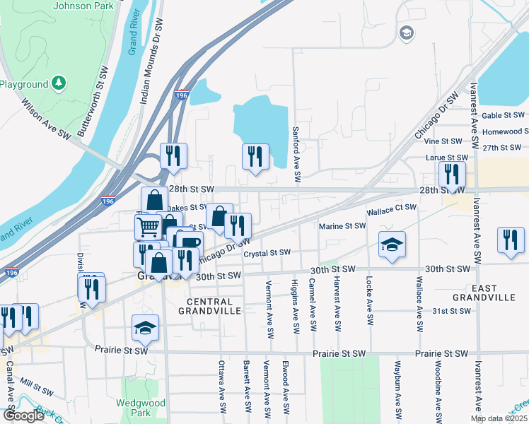 map of restaurants, bars, coffee shops, grocery stores, and more near 2864 Vermont Avenue Southwest in Grandville