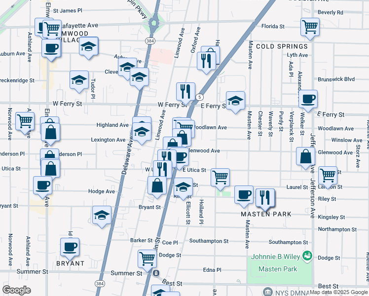 map of restaurants, bars, coffee shops, grocery stores, and more near in Buffalo
