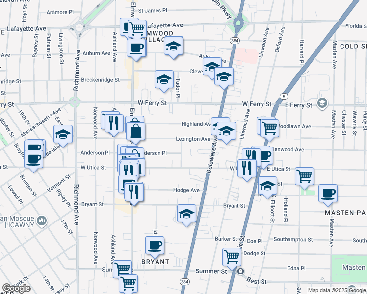 map of restaurants, bars, coffee shops, grocery stores, and more near 45 Atlantic Avenue in Buffalo
