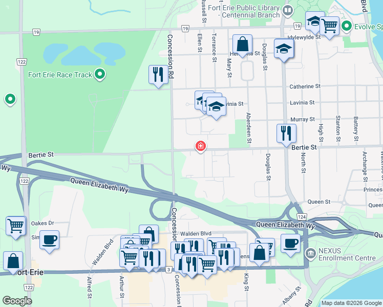 map of restaurants, bars, coffee shops, grocery stores, and more near in Fort Erie