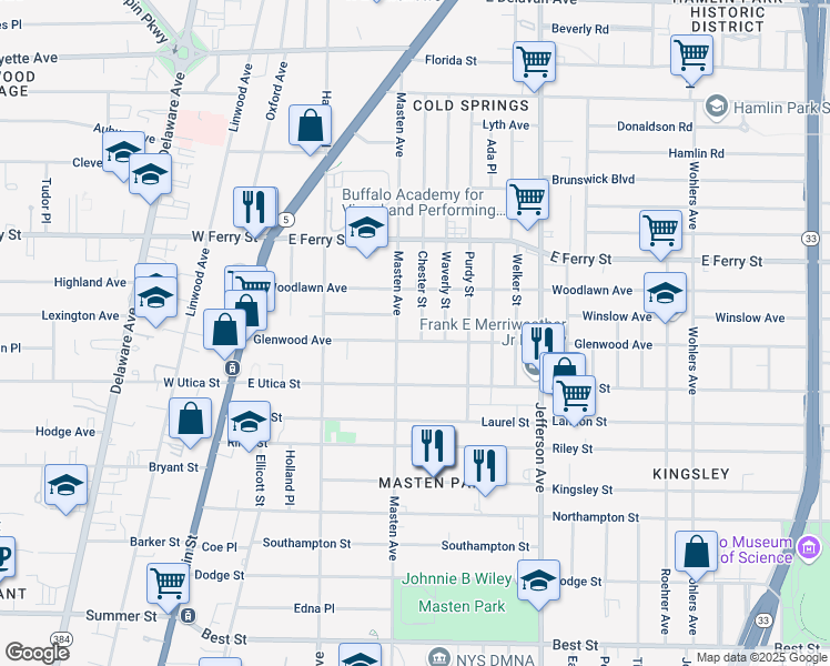 map of restaurants, bars, coffee shops, grocery stores, and more near 8 Chester Street in Buffalo