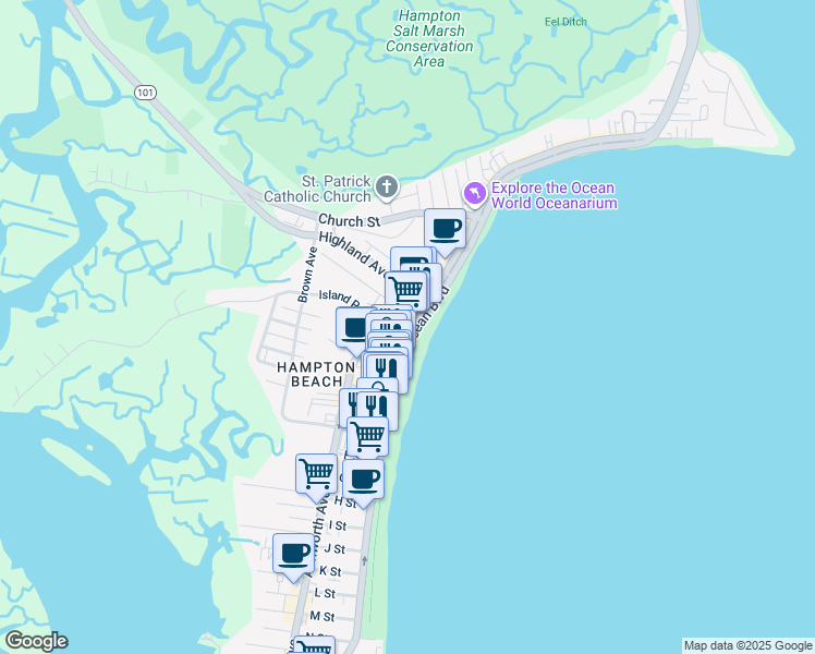 map of restaurants, bars, coffee shops, grocery stores, and more near 7 A Street in Hampton