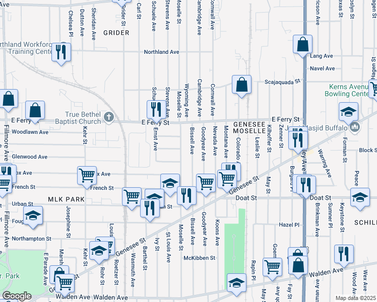 map of restaurants, bars, coffee shops, grocery stores, and more near 304 Bissell Avenue in Buffalo