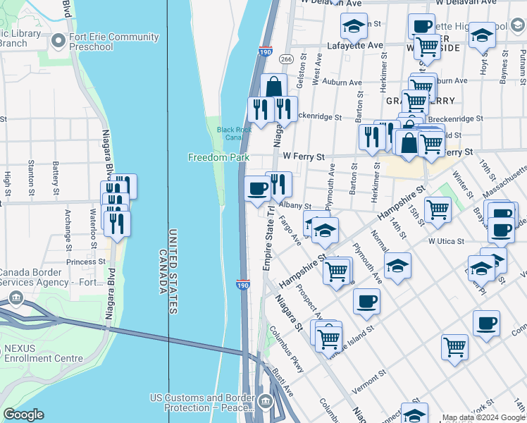 map of restaurants, bars, coffee shops, grocery stores, and more near 1050 Niagara Street in Buffalo
