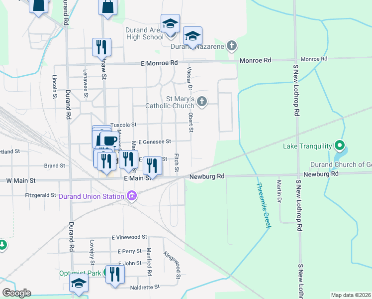 map of restaurants, bars, coffee shops, grocery stores, and more near 109 Obert Street in Durand