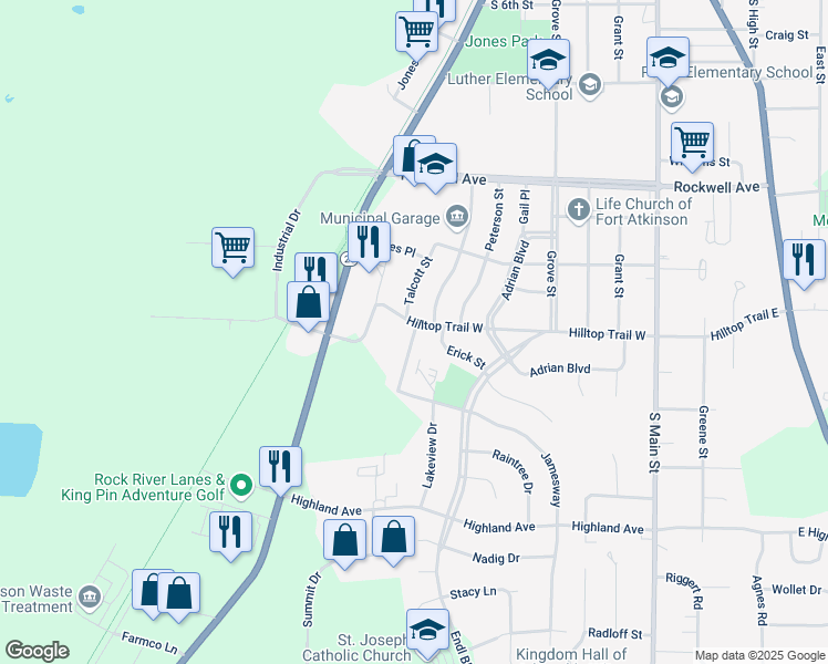 map of restaurants, bars, coffee shops, grocery stores, and more near 1217 Talcott Street in Fort Atkinson