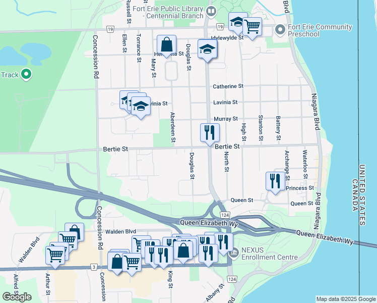 map of restaurants, bars, coffee shops, grocery stores, and more near 176 Bertie Street in Fort Erie