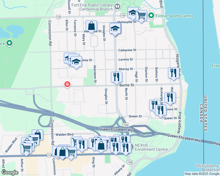 map of restaurants, bars, coffee shops, grocery stores, and more near 164 Bertie Street in Fort Erie
