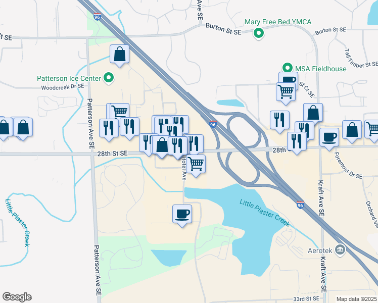 map of restaurants, bars, coffee shops, grocery stores, and more near 5120 28th Street Southeast in Grand Rapids