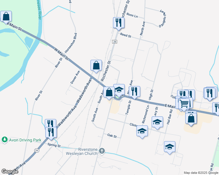 map of restaurants, bars, coffee shops, grocery stores, and more near 46 West Main Street in Avon