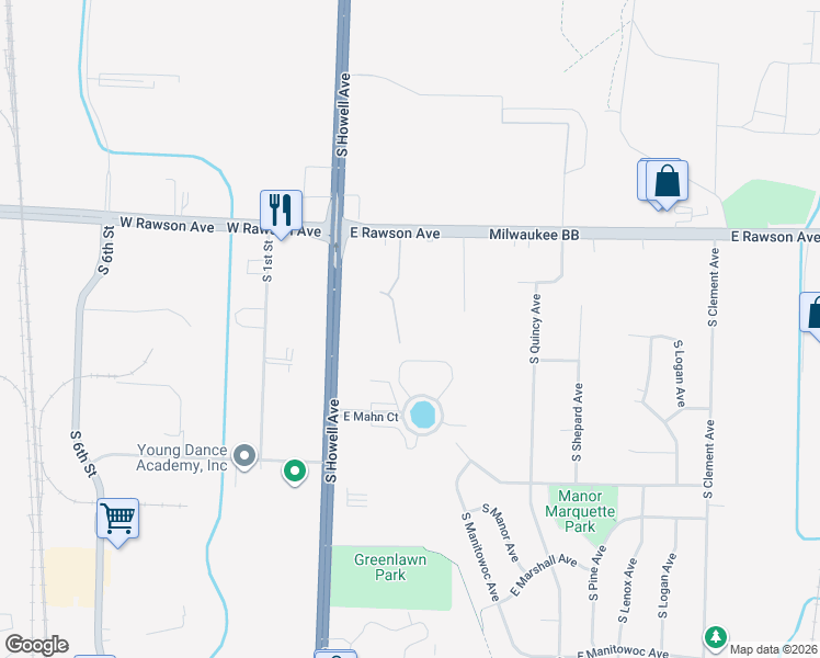 map of restaurants, bars, coffee shops, grocery stores, and more near 7207 South Burdick Avenue in Oak Creek
