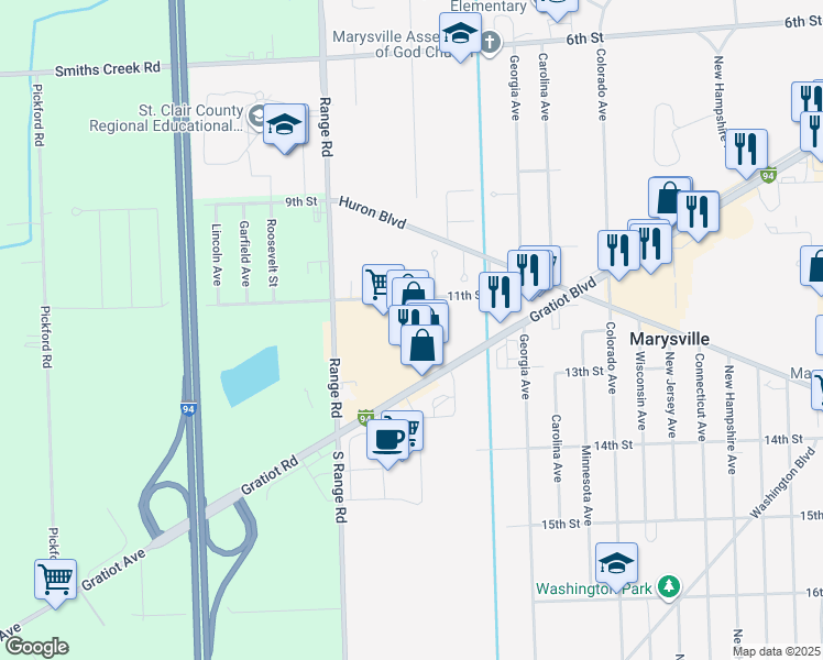 map of restaurants, bars, coffee shops, grocery stores, and more near 2 11th Street in Marysville