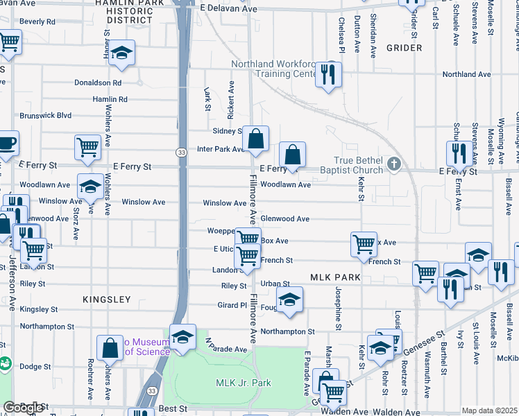 map of restaurants, bars, coffee shops, grocery stores, and more near 1455 Fillmore Avenue in Buffalo
