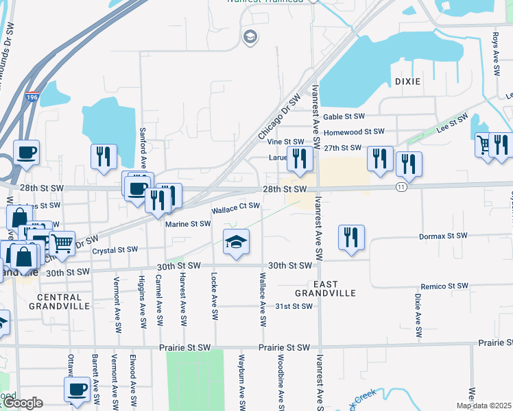 map of restaurants, bars, coffee shops, grocery stores, and more near in Grandville