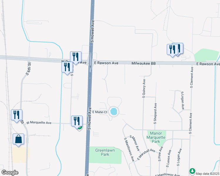 map of restaurants, bars, coffee shops, grocery stores, and more near 7207 South Burdick Avenue in Oak Creek