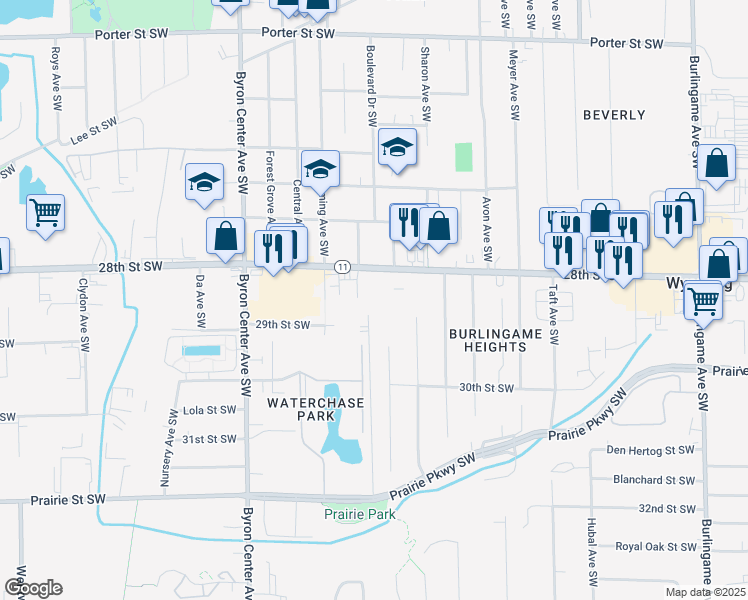 map of restaurants, bars, coffee shops, grocery stores, and more near 2181 Prairie Parkway Southwest in Wyoming