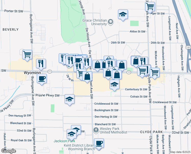 map of restaurants, bars, coffee shops, grocery stores, and more near 2828 Michael Avenue Southwest in Wyoming