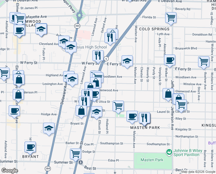 map of restaurants, bars, coffee shops, grocery stores, and more near in Buffalo