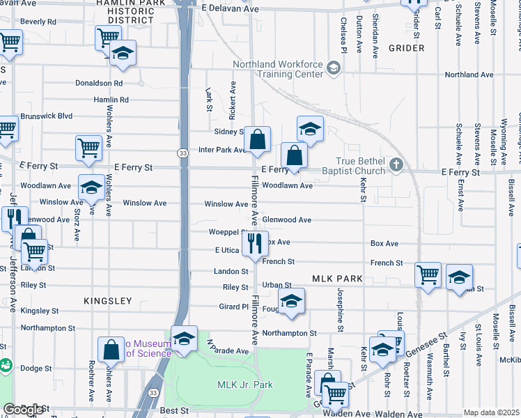 map of restaurants, bars, coffee shops, grocery stores, and more near 1455 Fillmore Avenue in Buffalo