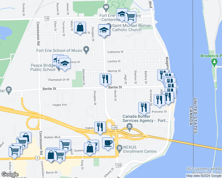 map of restaurants, bars, coffee shops, grocery stores, and more near 136 Bertie Street in Fort Erie
