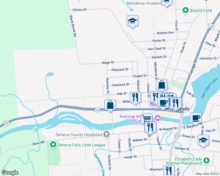 map of restaurants, bars, coffee shops, grocery stores, and more near 34 Chestnut Street in Seneca Falls