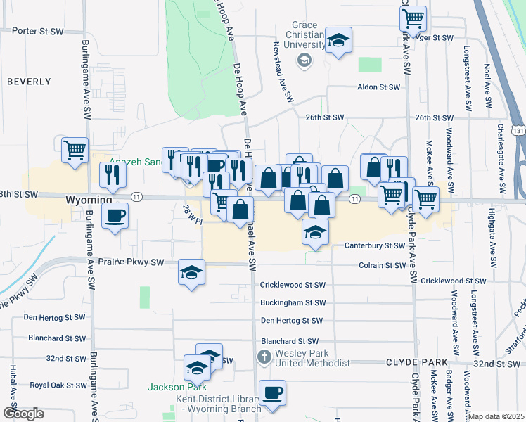 map of restaurants, bars, coffee shops, grocery stores, and more near 2828 Michael Avenue Southwest in Wyoming