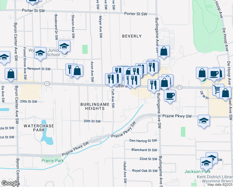 map of restaurants, bars, coffee shops, grocery stores, and more near 1874 28th Street Southwest in Wyoming