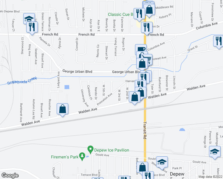 map of restaurants, bars, coffee shops, grocery stores, and more near 12 West 4th Street in Depew