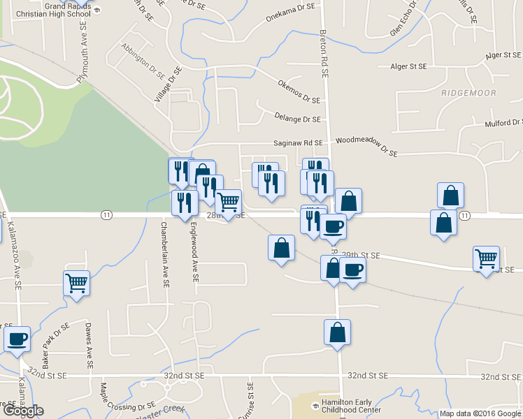 map of restaurants, bars, coffee shops, grocery stores, and more near 2780 Birchcrest Drive Southeast in Grand Rapids