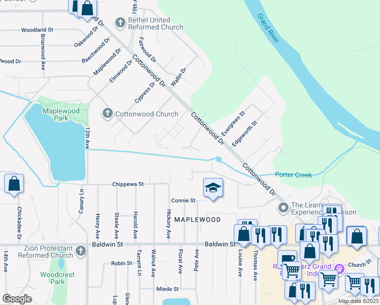 map of restaurants, bars, coffee shops, grocery stores, and more near 8001 Cottonwood Drive in Jenison