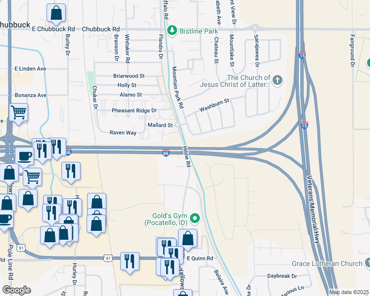 map of restaurants, bars, coffee shops, grocery stores, and more near Hiline Road in Pocatello