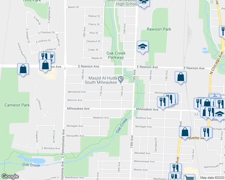 map of restaurants, bars, coffee shops, grocery stores, and more near 1622 Minnesota Avenue in South Milwaukee