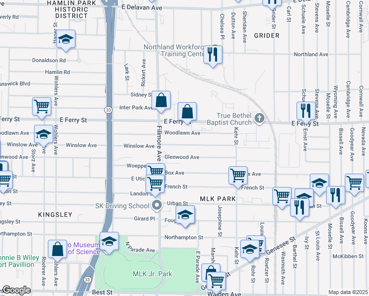 map of restaurants, bars, coffee shops, grocery stores, and more near 424 Winslow Avenue in Buffalo