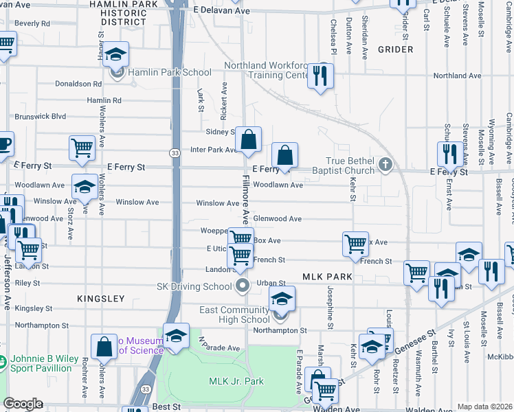 map of restaurants, bars, coffee shops, grocery stores, and more near 1455 Fillmore Avenue in Buffalo