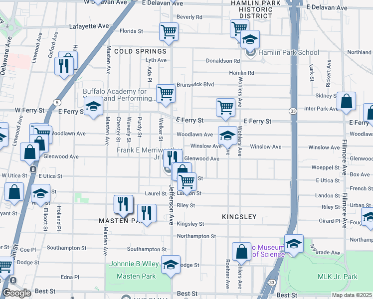 map of restaurants, bars, coffee shops, grocery stores, and more near 20 Winslow Avenue in Buffalo