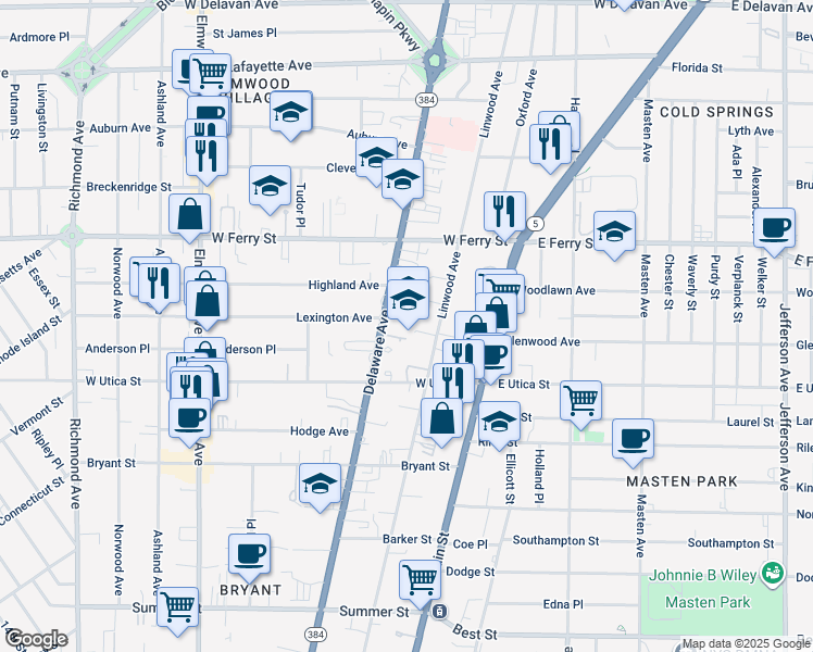 map of restaurants, bars, coffee shops, grocery stores, and more near 392 Linwood Avenue in Buffalo