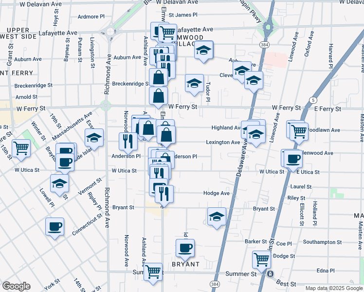 map of restaurants, bars, coffee shops, grocery stores, and more near 163 Lexington Avenue in Buffalo