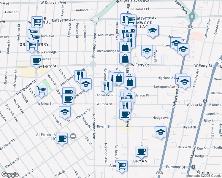 map of restaurants, bars, coffee shops, grocery stores, and more near 318 Ashland Avenue in Buffalo