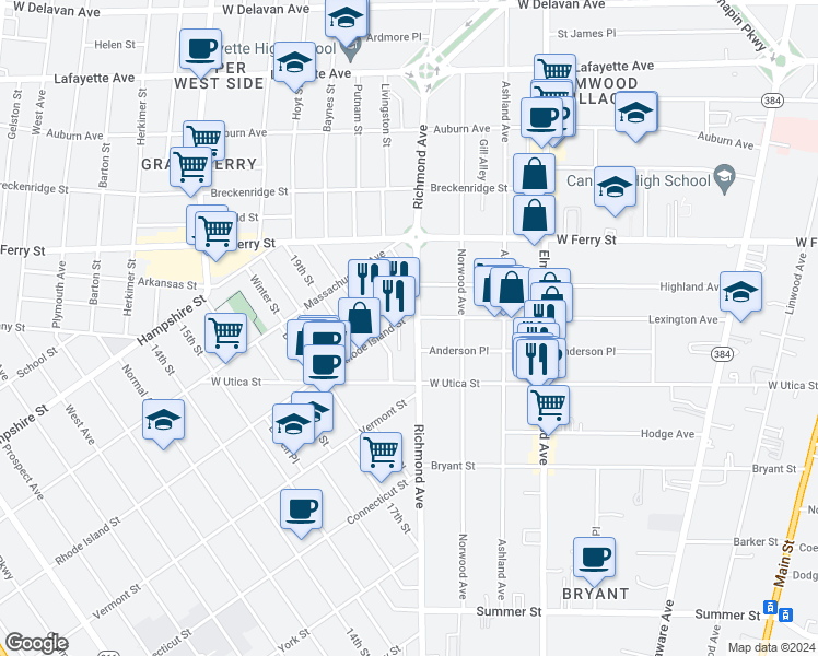 map of restaurants, bars, coffee shops, grocery stores, and more near in Buffalo