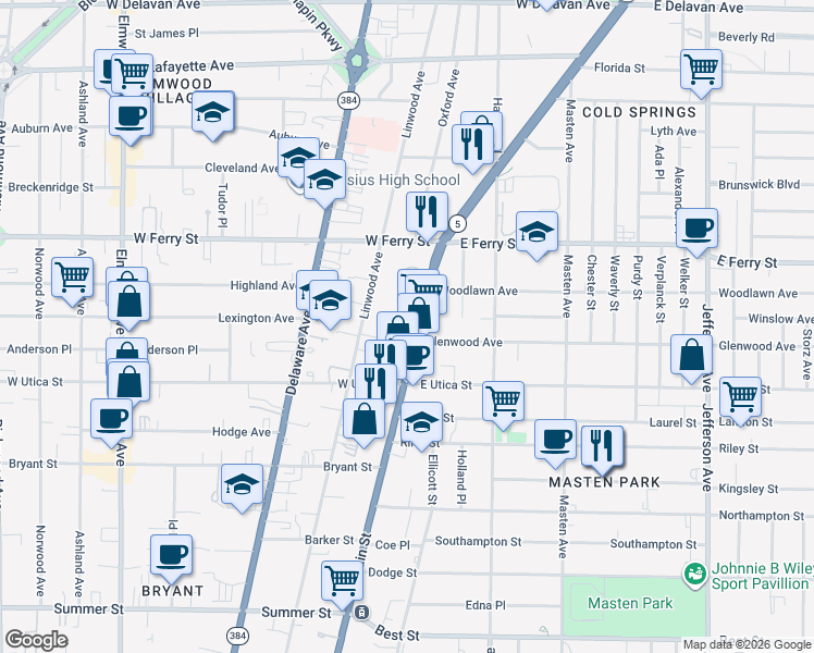 map of restaurants, bars, coffee shops, grocery stores, and more near 1440 Main Street in Buffalo